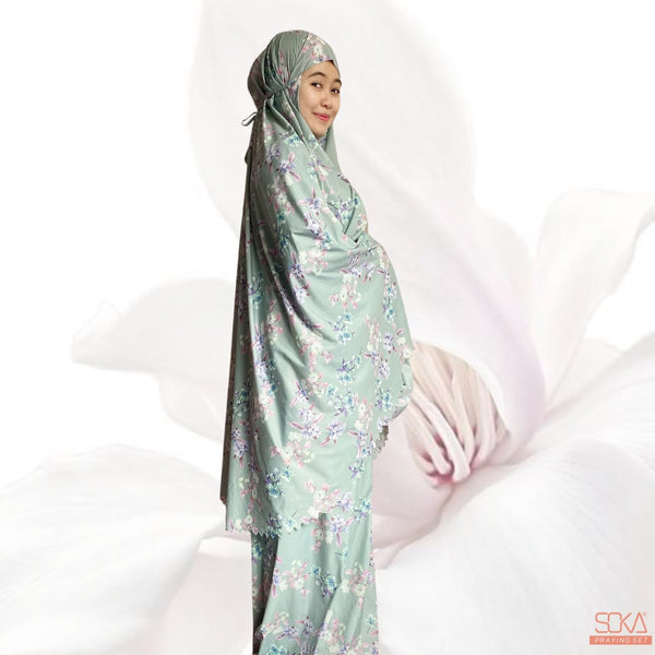 SOKA - Mukena Dewasa Travel Parasut Motif Premium Sora Sage - Fashion muslim